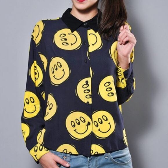 Lazy Oaf London Happy Face Navy Blue Yellow Button Down Shirt One Size o/s - Picture 1 of 9